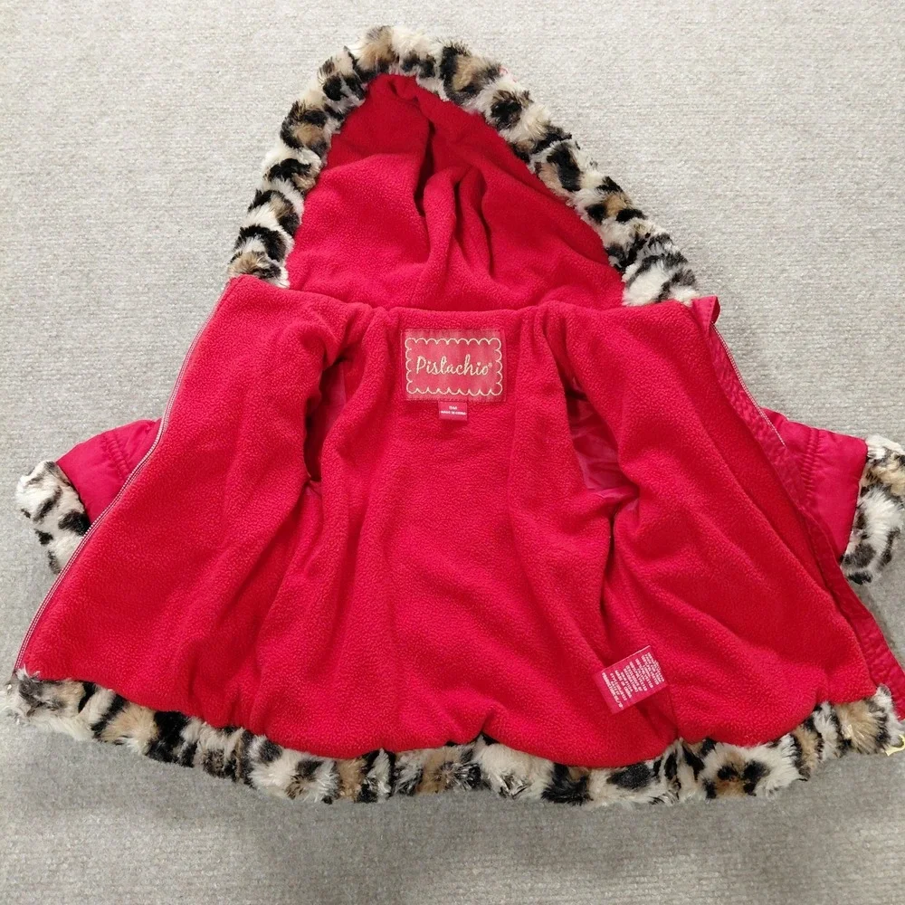 Pistachio Red Jacket Winter Coat with Leopard Faux Fur Trim Baby Girl 9M